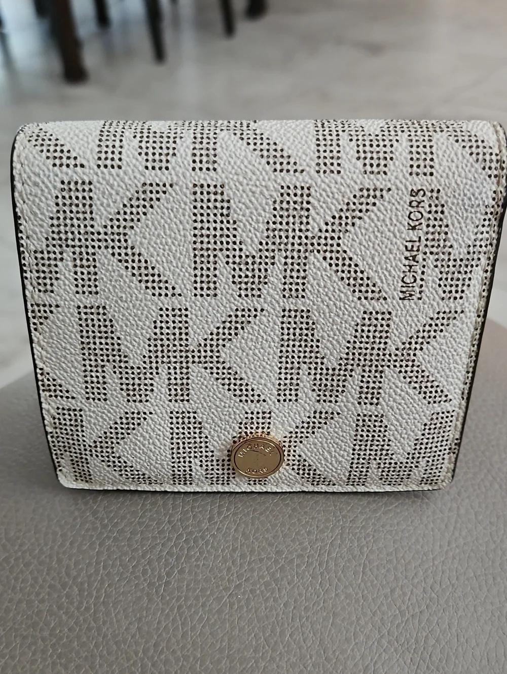 Michael Kors White and Brown MK Logo Compact Wallet